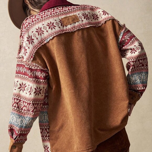 Multicolor Casual Women's Patchwork Corduroy Music Festival Blouse - Picture 2 of 8